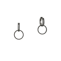 Black Spinel Open Bar Huggies with Reversible White Sapphire & Black Spinel Round Earring Extensions: A pair of sterling silver huggies earrings with extensions of one side featuring black spinel and the other side featuring white sapphire.