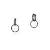 Black Spinel Open Bar Huggies with Reversible White Sapphire & Black Spinel Round Earring Extensions: A pair of sterling silver huggies earrings with extensions of one side featuring black spinel and the other side featuring white sapphire.
