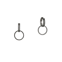 Black Spinel Open Bar Huggies with Reversible White Sapphire & Black Spinel Round Earring Extensions: A pair of sterling silver huggies earrings with extensions of one side featuring black spinel and the other side featuring white sapphire.