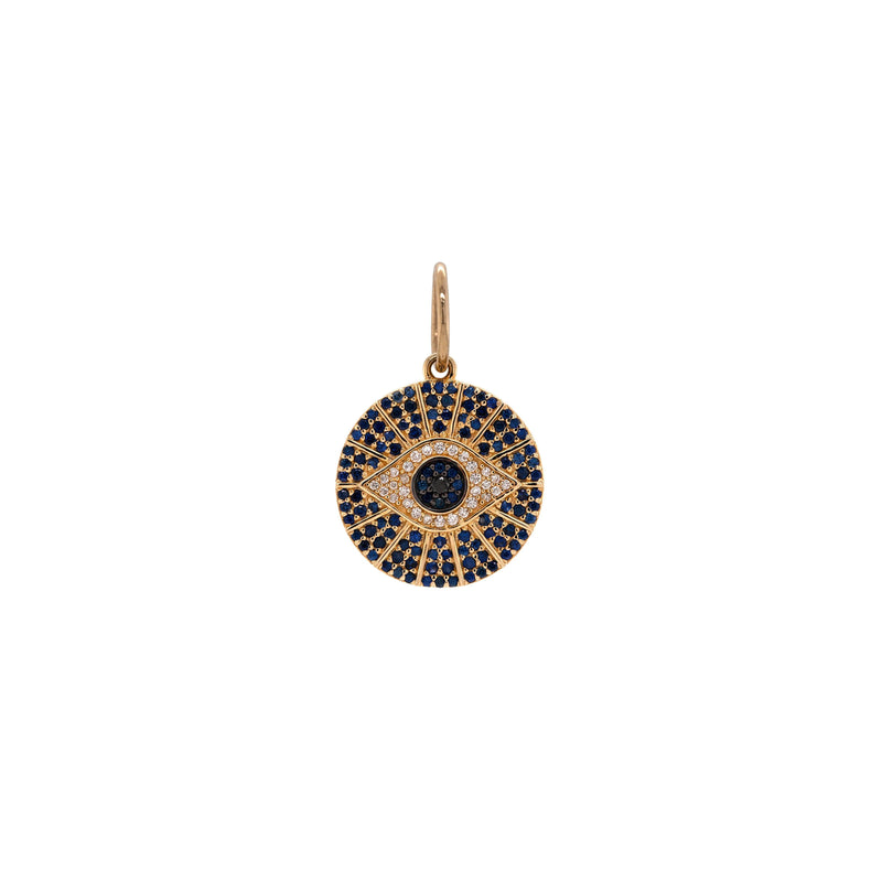 Blue Sapphire Evil Eye Medallion: blue sapphires and diamonds in an evil eye design medallion, set against a white background.