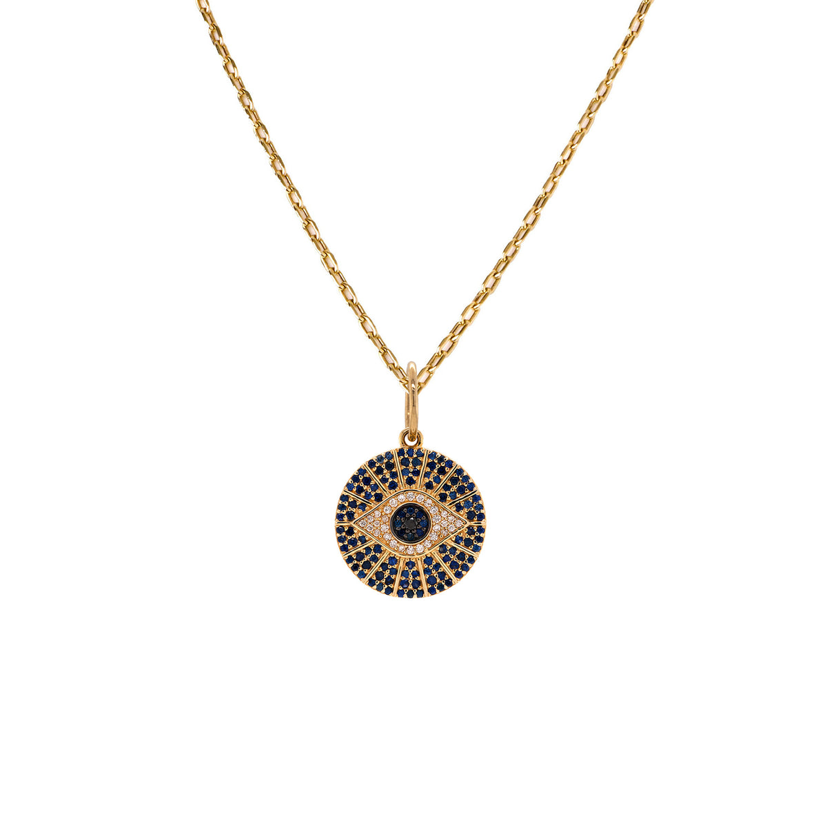 Blue Sapphire Evil Eye Medallion Necklace: A gold chain necklace with blue sapphires and diamonds in an evil eye design medallion, set against a white background.