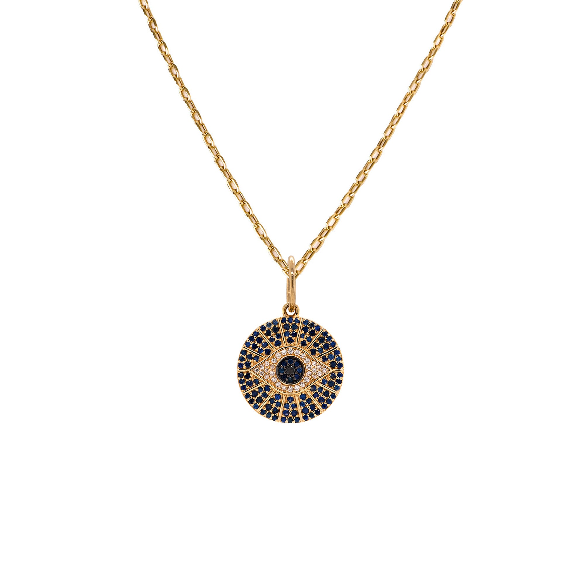 Blue Sapphire Evil Eye Medallion Necklace: A gold chain necklace with blue sapphires and diamonds in an evil eye design medallion, set against a white background.