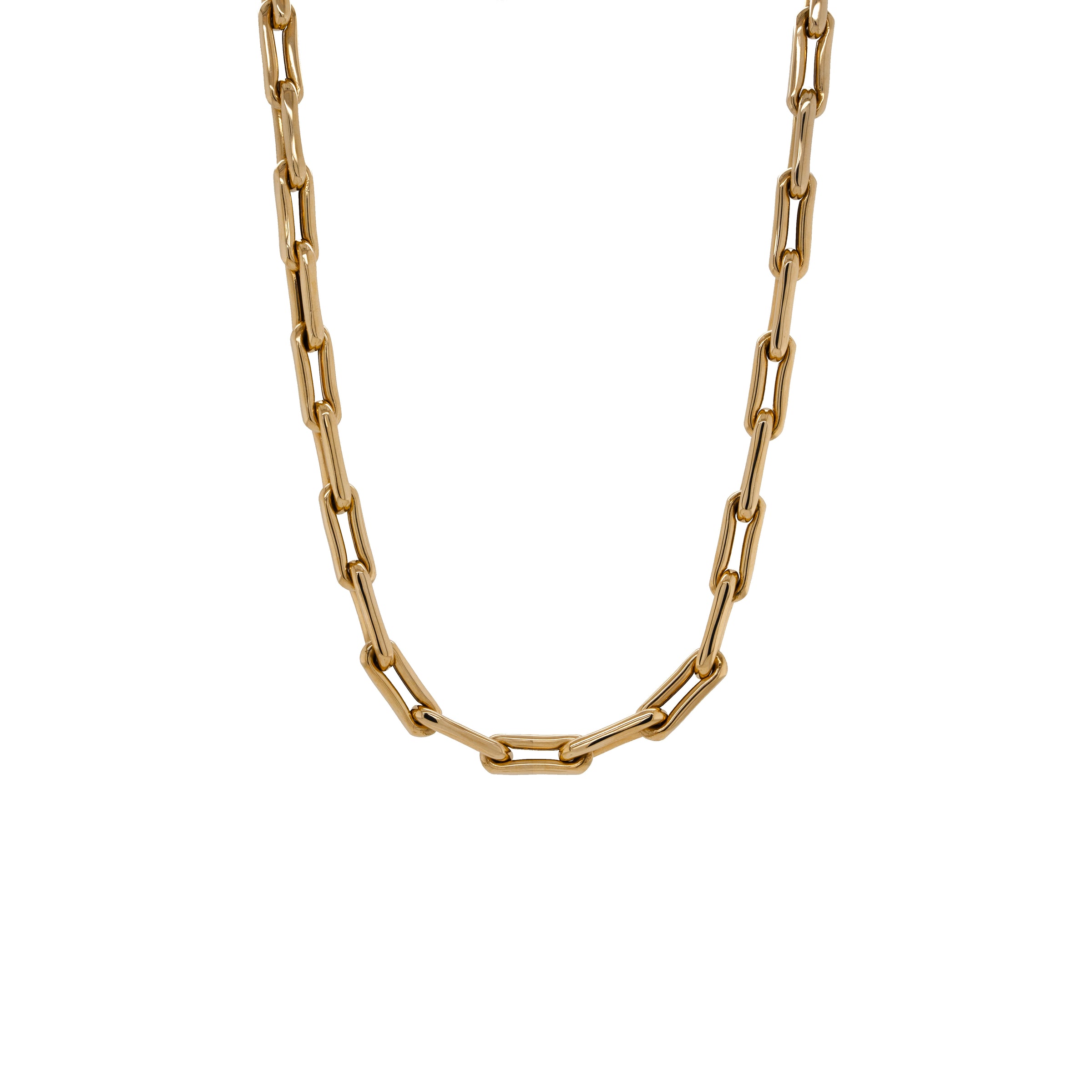 Bone Link Chain: A 14K yellow gold chain necklace with a lobster clasp, displayed on a neutral background.