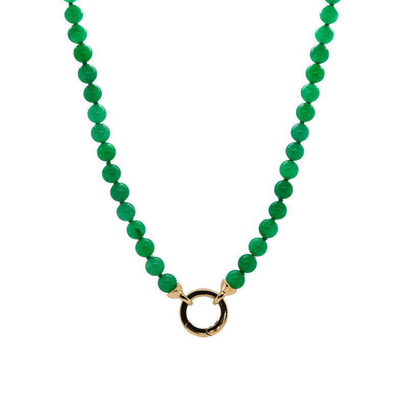 Burmese Jade Necklace: An 18-inch-long green Burmese jade necklace with a 6mm width, featuring a 14K gold round charm clasp.