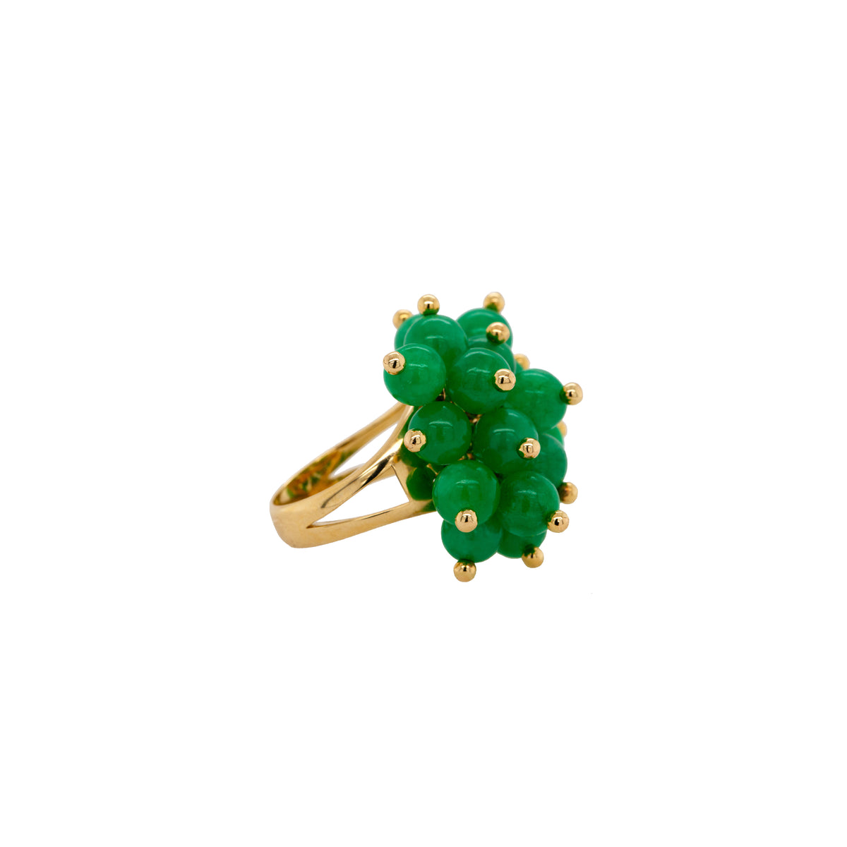 Burmese Jade Pom Pom Ring: A 14K gold ring with a green Burmese jade pom-pom design