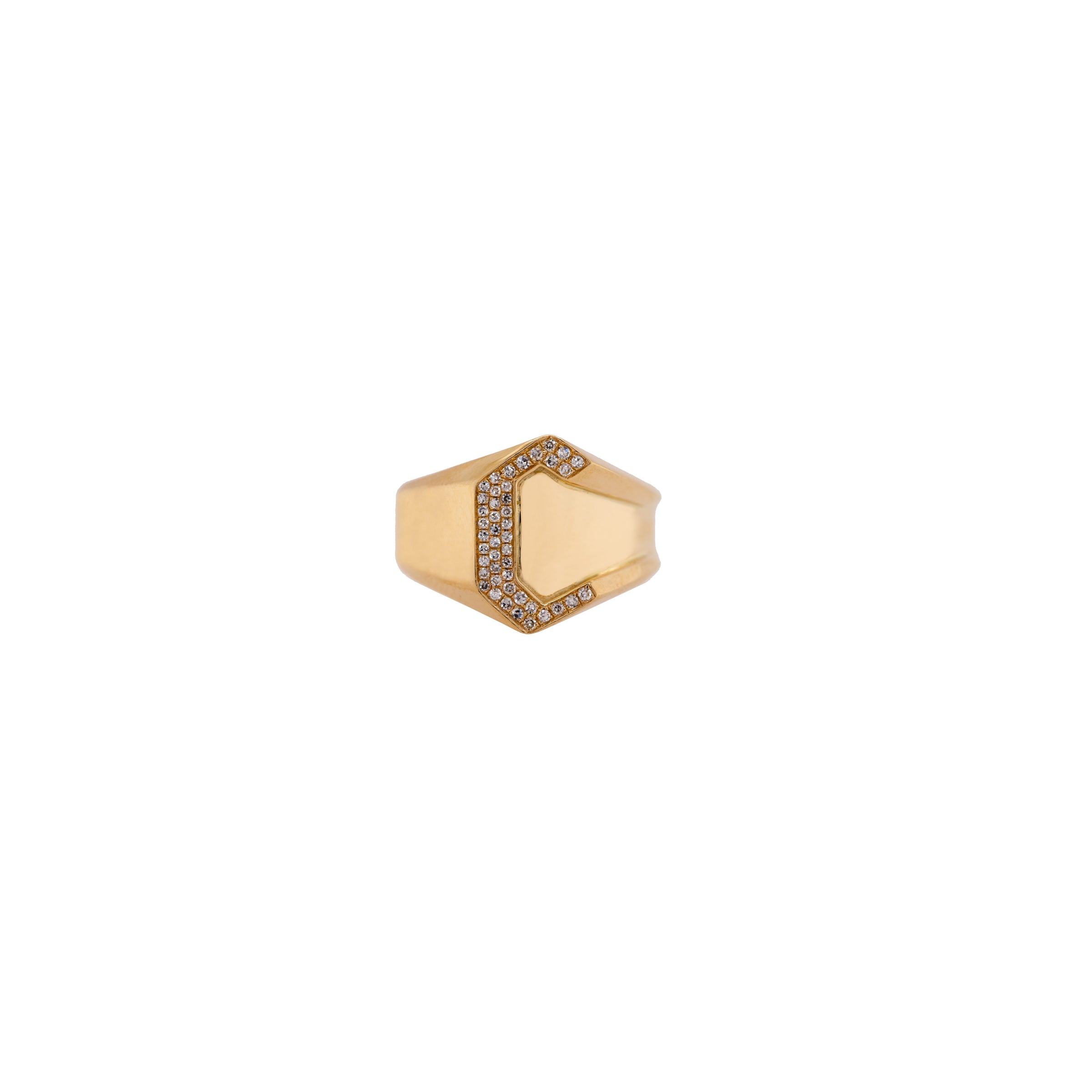 "C" Alphabet Signet Ring: A 14K gold signet ring with a letter 'C' design, set with small diamonds.