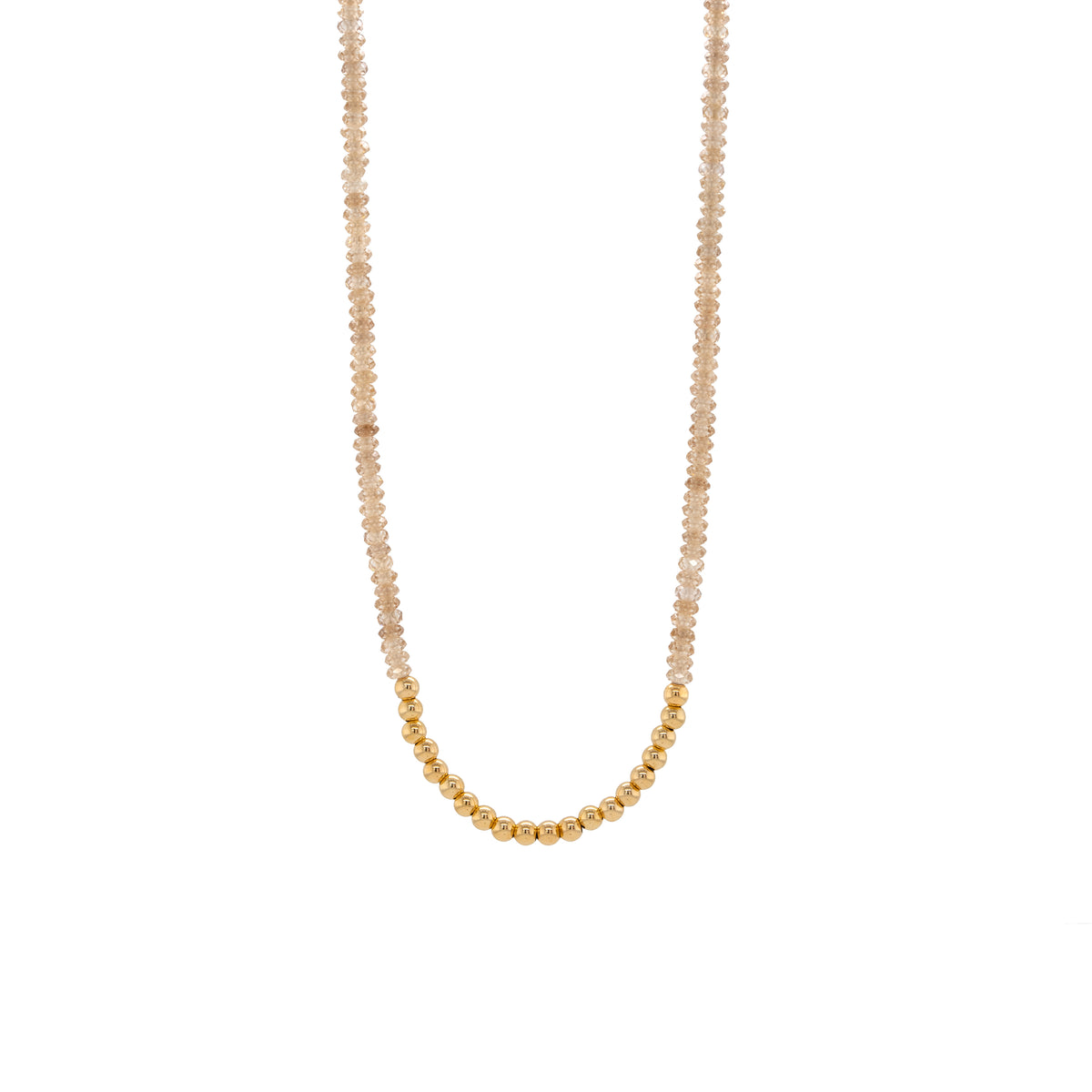 Champagne Zircon Natural Necklace, White Beads and Gold necklace on a white background
