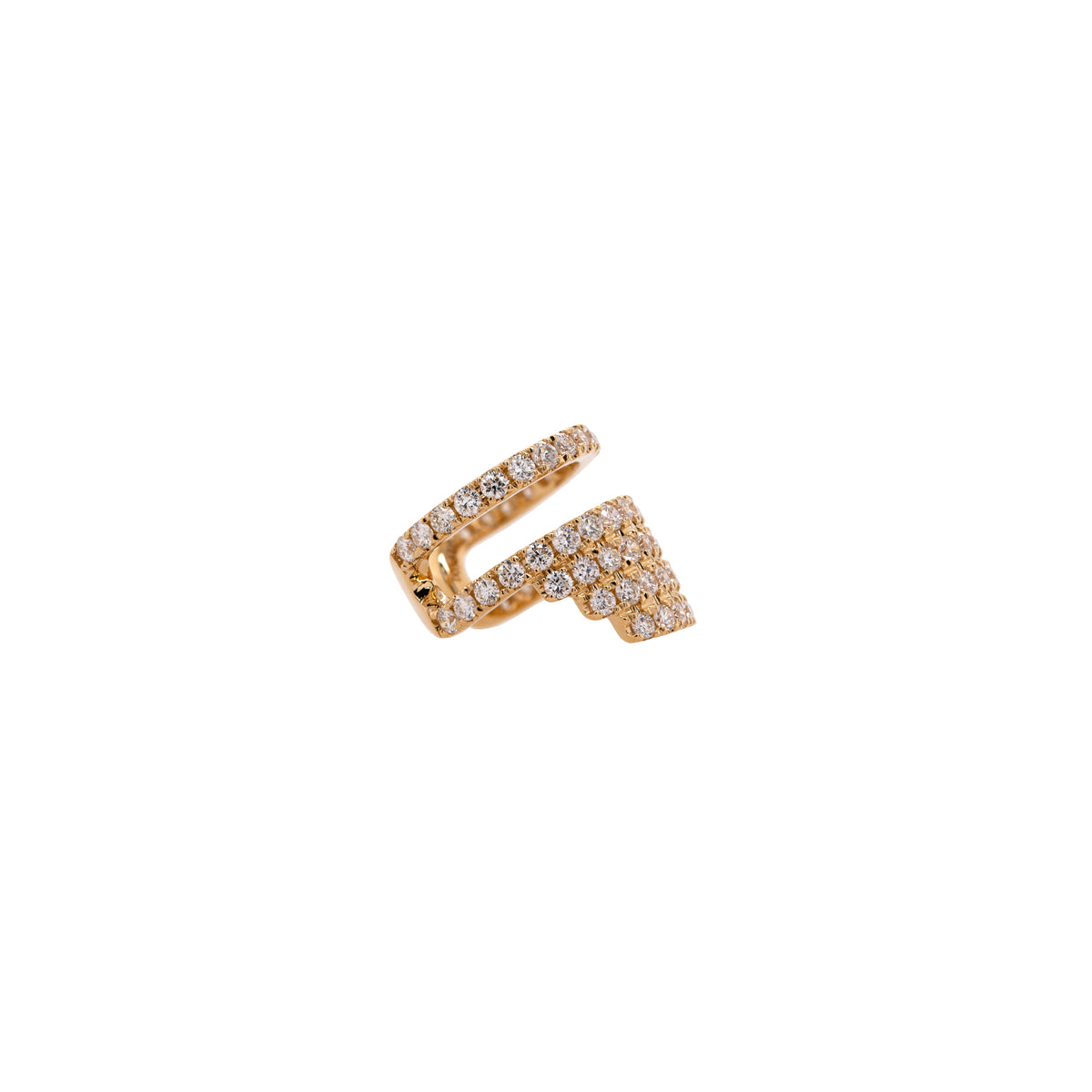 Upside-down side view of gold ear cuff with embedded diamonds, Chandelier Ear Cuff, on a white background