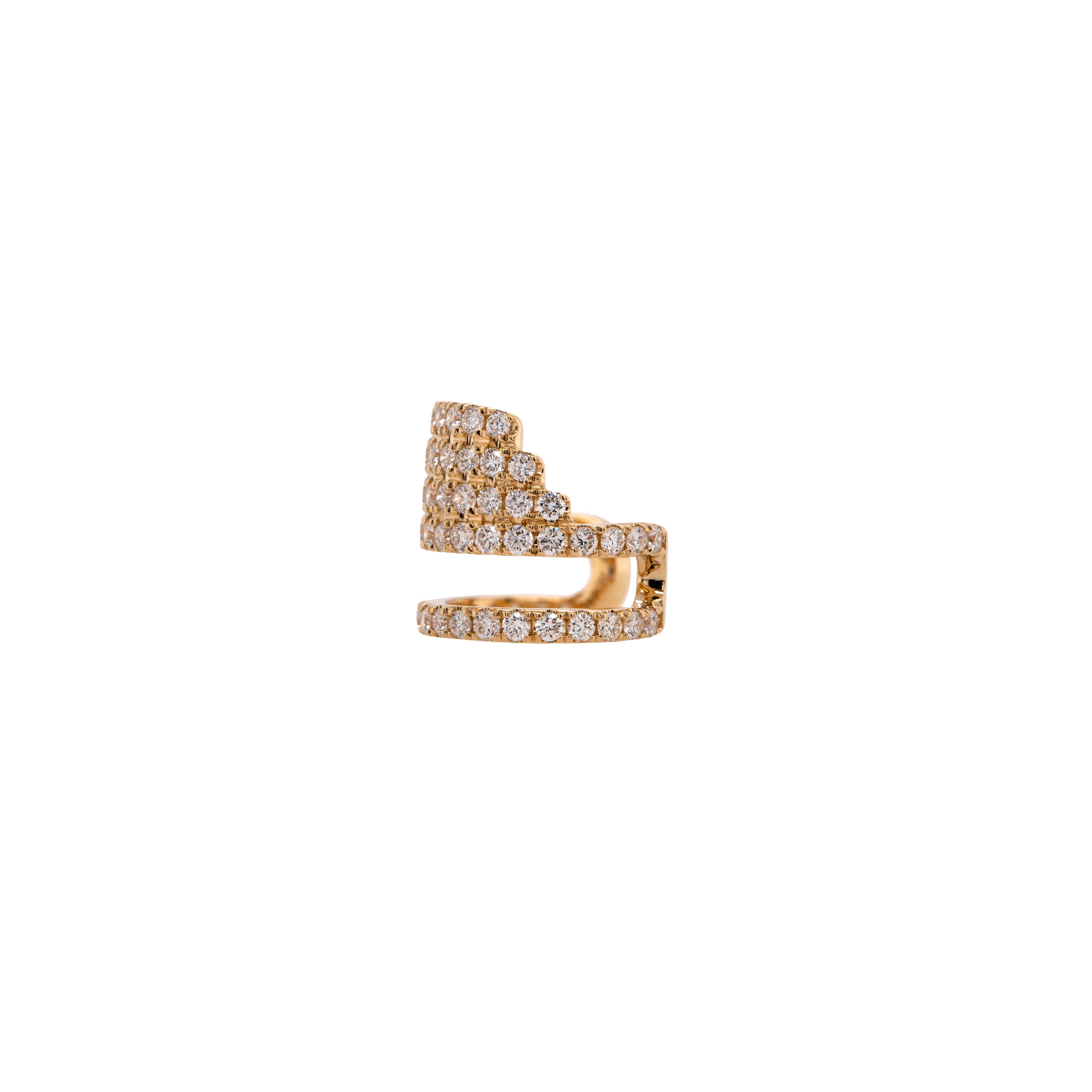 Side view of gold ear cuff with embedded diamonds, Chandelier Ear Cuff, on a white background