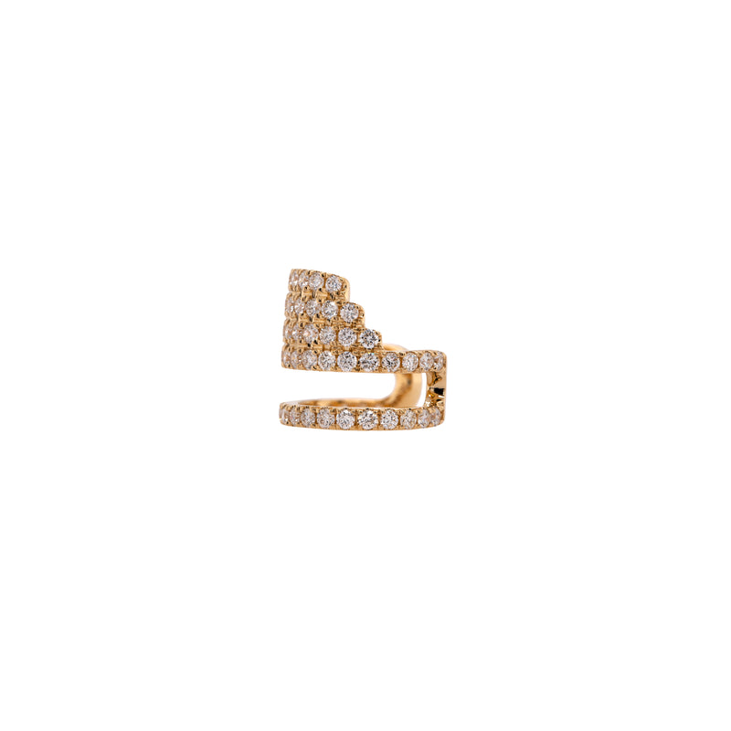 Side view of gold ear cuff with embedded diamonds, Chandelier Ear Cuff, on a white background
