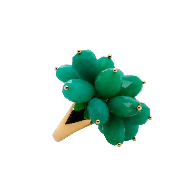 Chrysoprase Pom Pom Ring: A gold ring with a large, cluster-style chrysoprase stone set in the center.