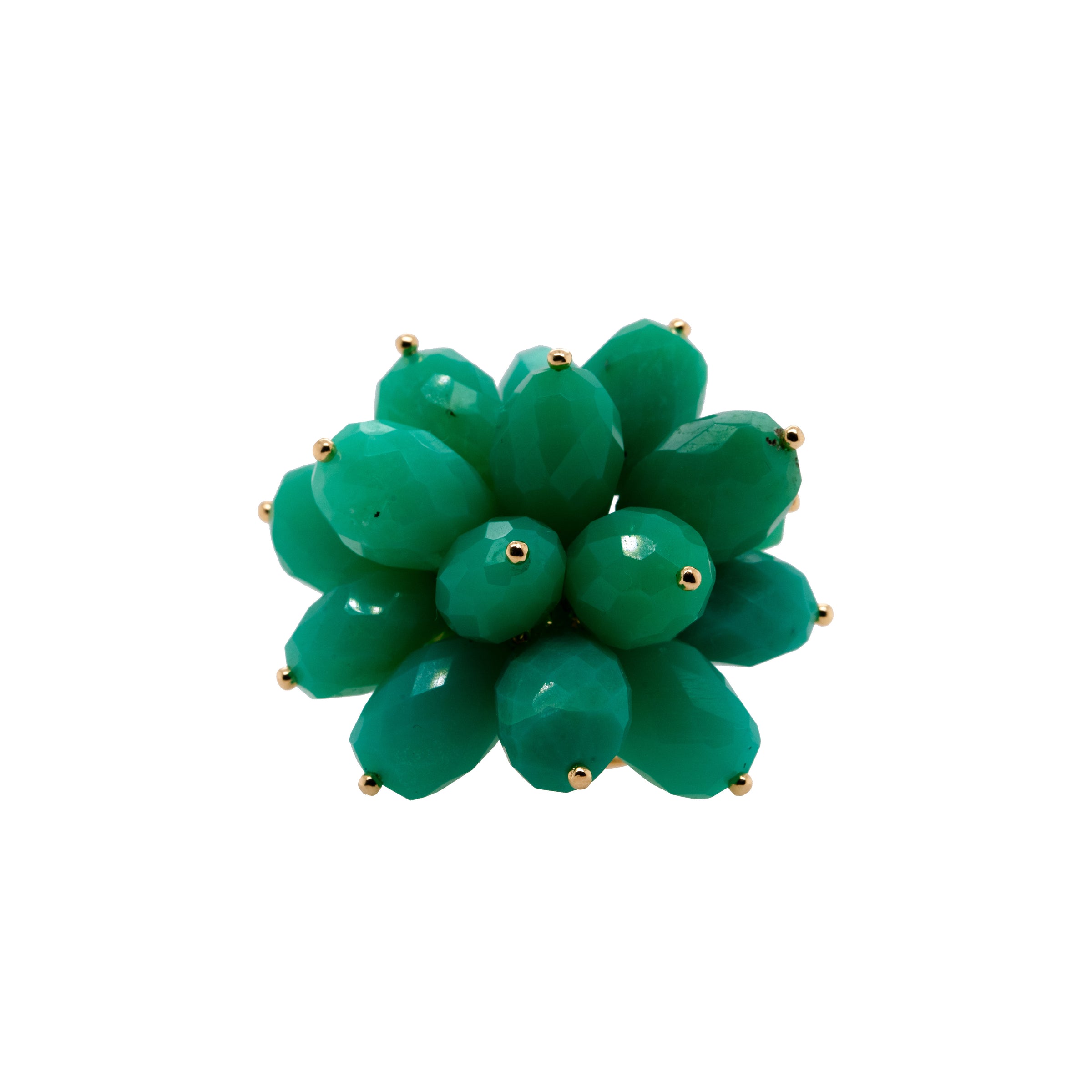 Chrysoprase Pom Pom Ring: A gold ring with a large, cluster-style chrysoprase stone set in the center.