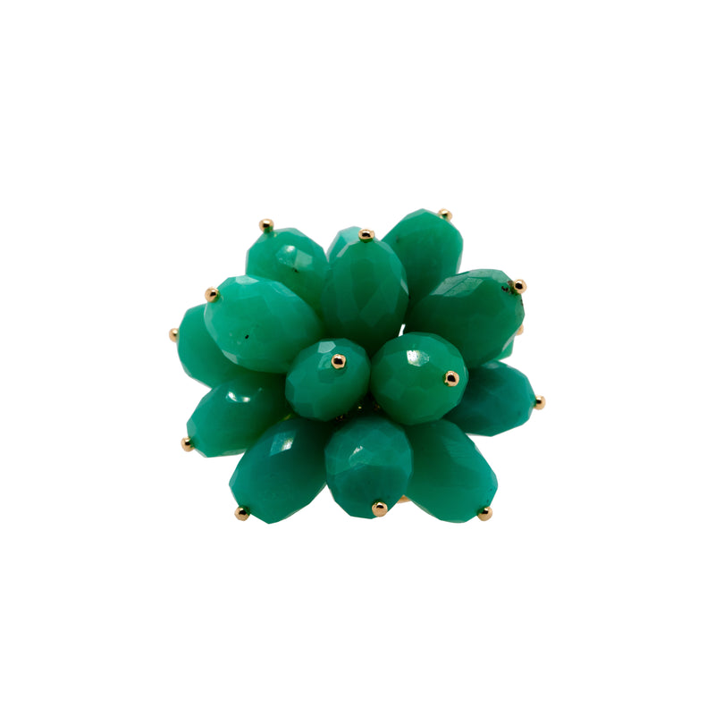 Chrysoprase Pom Pom Ring: A gold ring with a large, cluster-style chrysoprase stone set in the center.