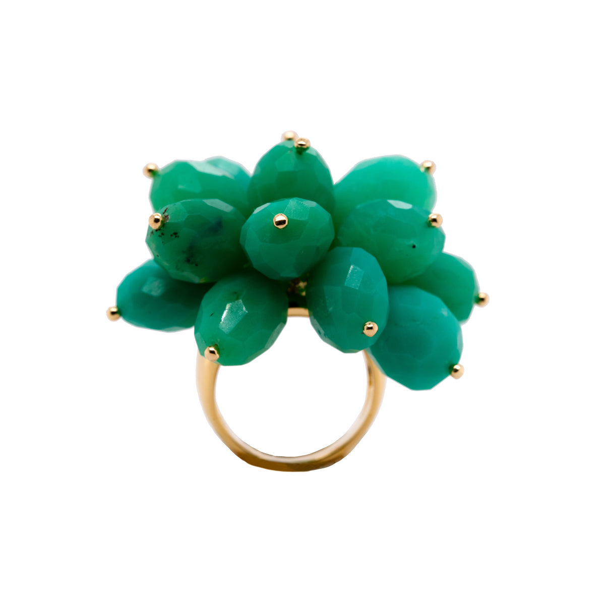 Chrysoprase Pom Pom Ring: A gold ring with a large, cluster-style chrysoprase stone set in the center.