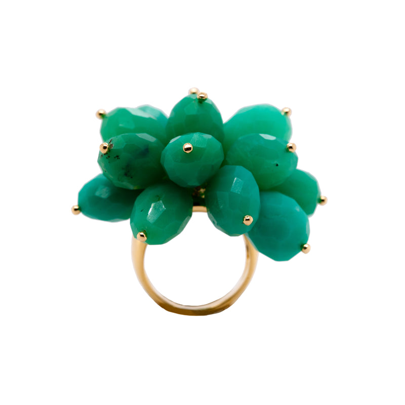 Chrysoprase Pom Pom Ring: A gold ring with a large, cluster-style chrysoprase stone set in the center.