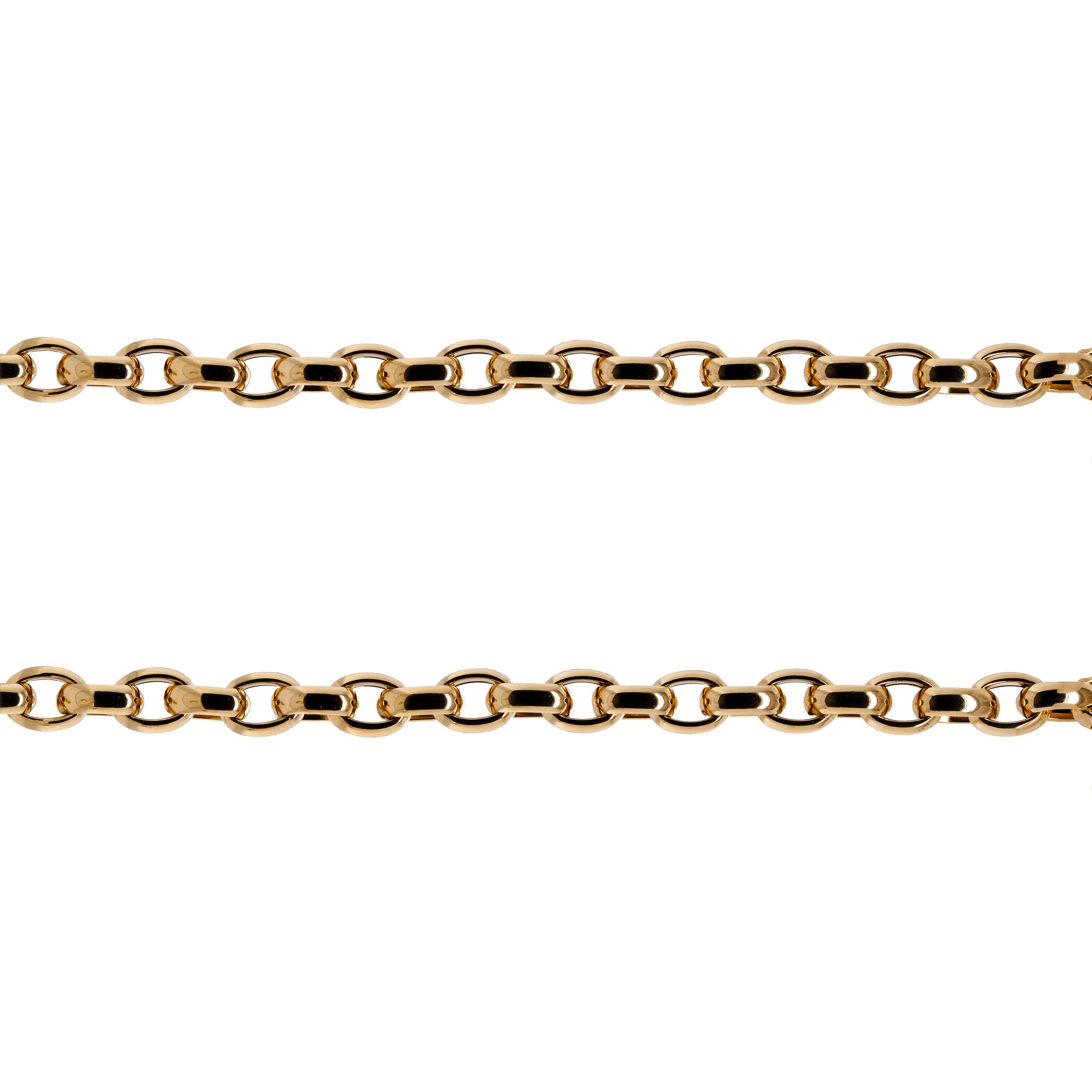 Chubby Oval Link Chain: A 14K gold oval link chain necklace with a lobster clasp fastening, displayed on a white background.