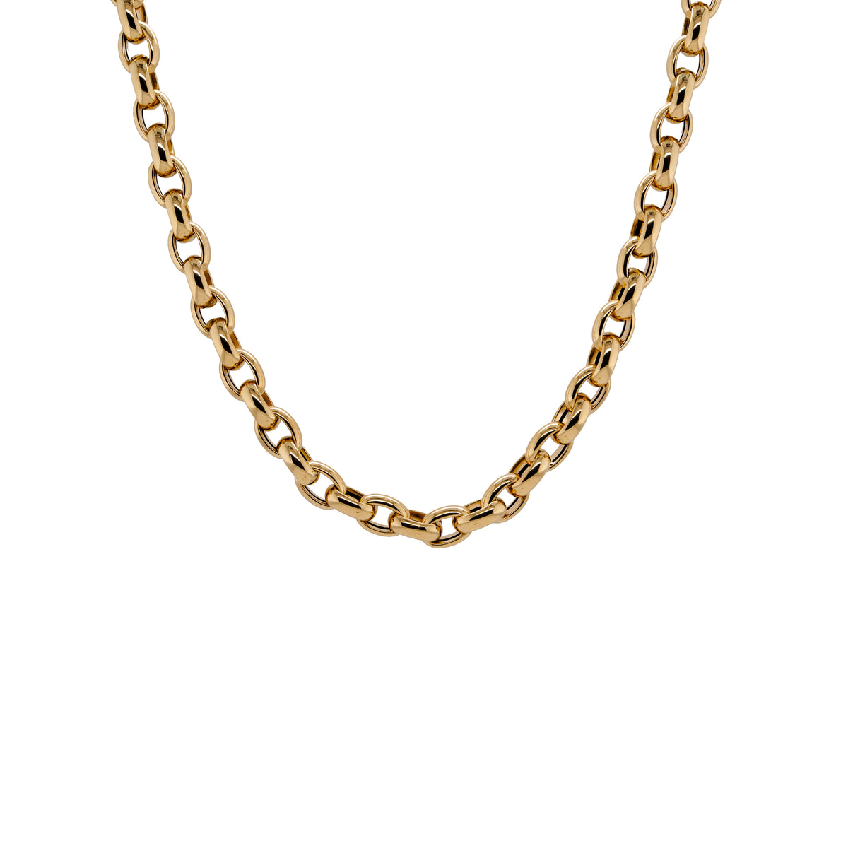 Chubby Oval Link Chain: A 14K gold oval link chain necklace with a lobster clasp fastening, displayed on a white background.