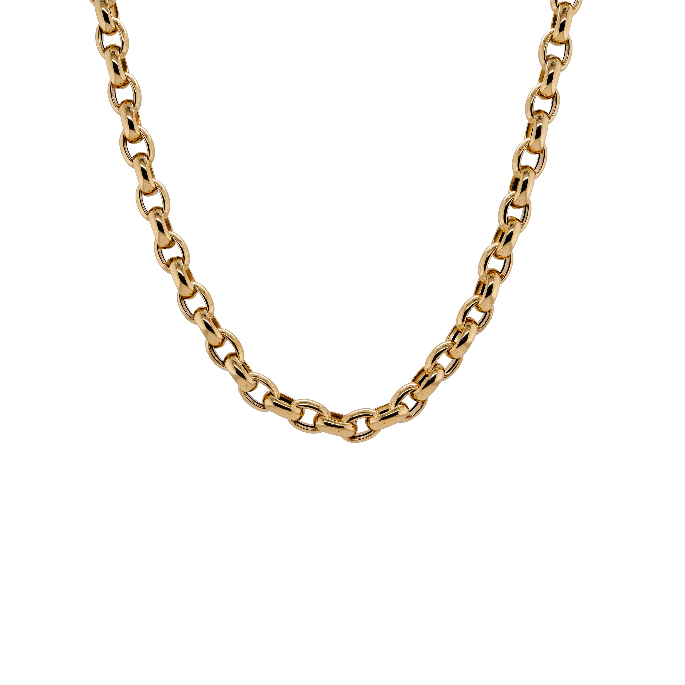 Chubby Oval Link Chain: A 14K gold oval link chain necklace with a lobster clasp fastening, displayed on a white background.