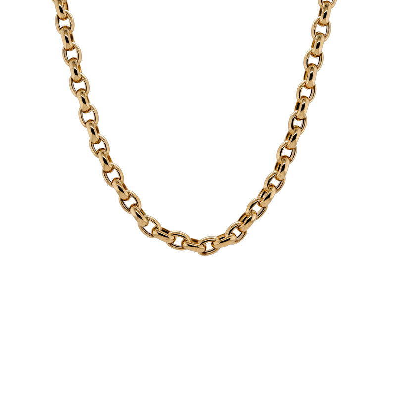 Chubby Oval Link Chain: A 14K gold oval link chain necklace with a lobster clasp fastening, displayed on a white background.