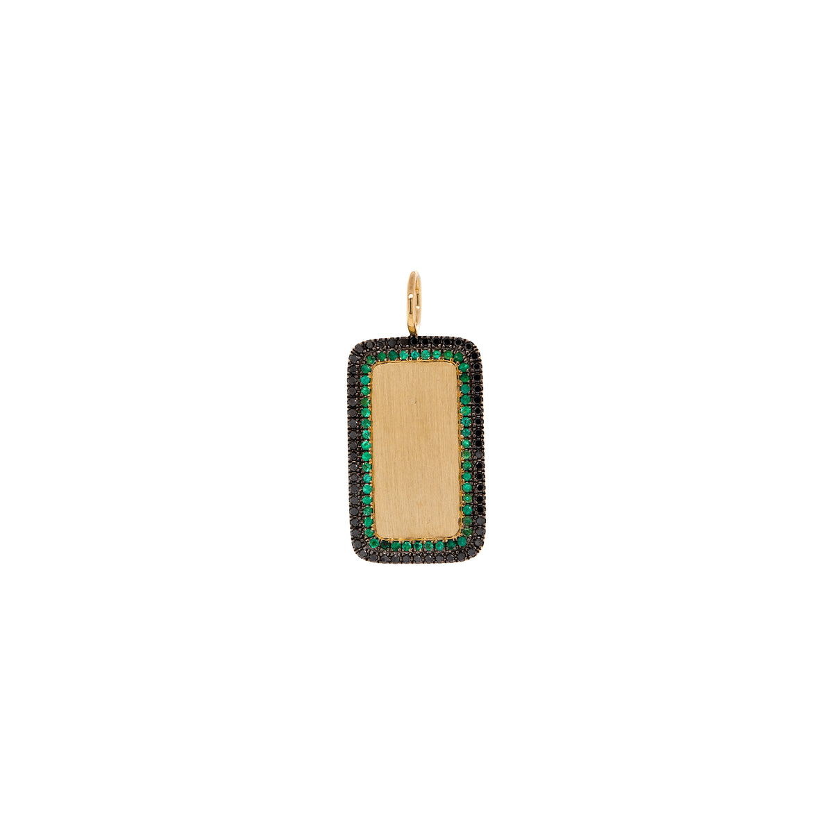 Deco Dog Tag: A gold dog tag necklace with a black diamond border and  a green emerald border
