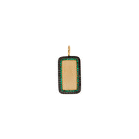 Deco Dog Tag: A gold dog tag necklace with a black diamond border and  a green emerald border