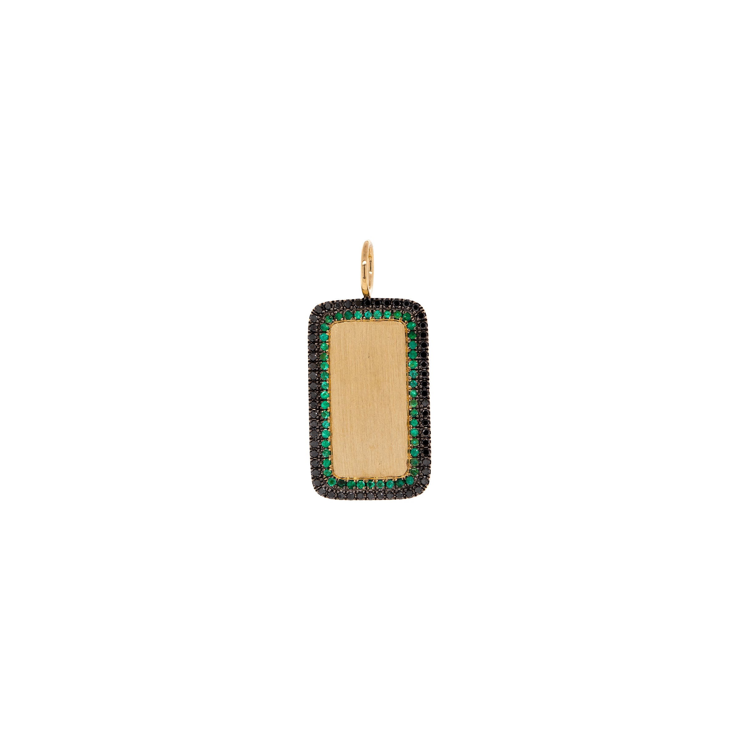 Deco Dog Tag: A gold dog tag necklace with a black diamond border and  a green emerald border