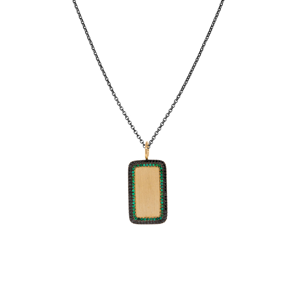 Deco Dog Tag Necklace: A gold dog tag necklace with a black diamond border and  a green emerald border on a silver chain.