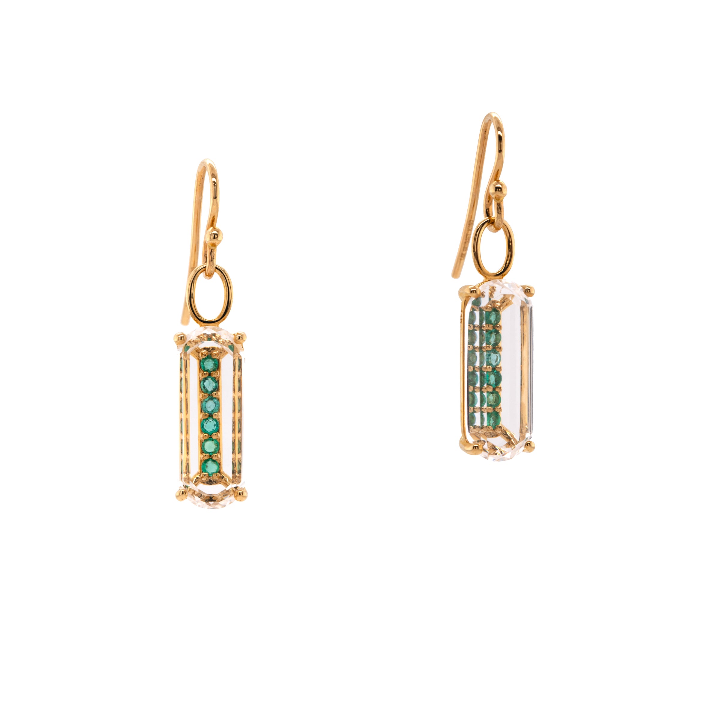 Deco Emerald Earrings, 14K Gold earrings with clear gemstones and green gemstones on a white background