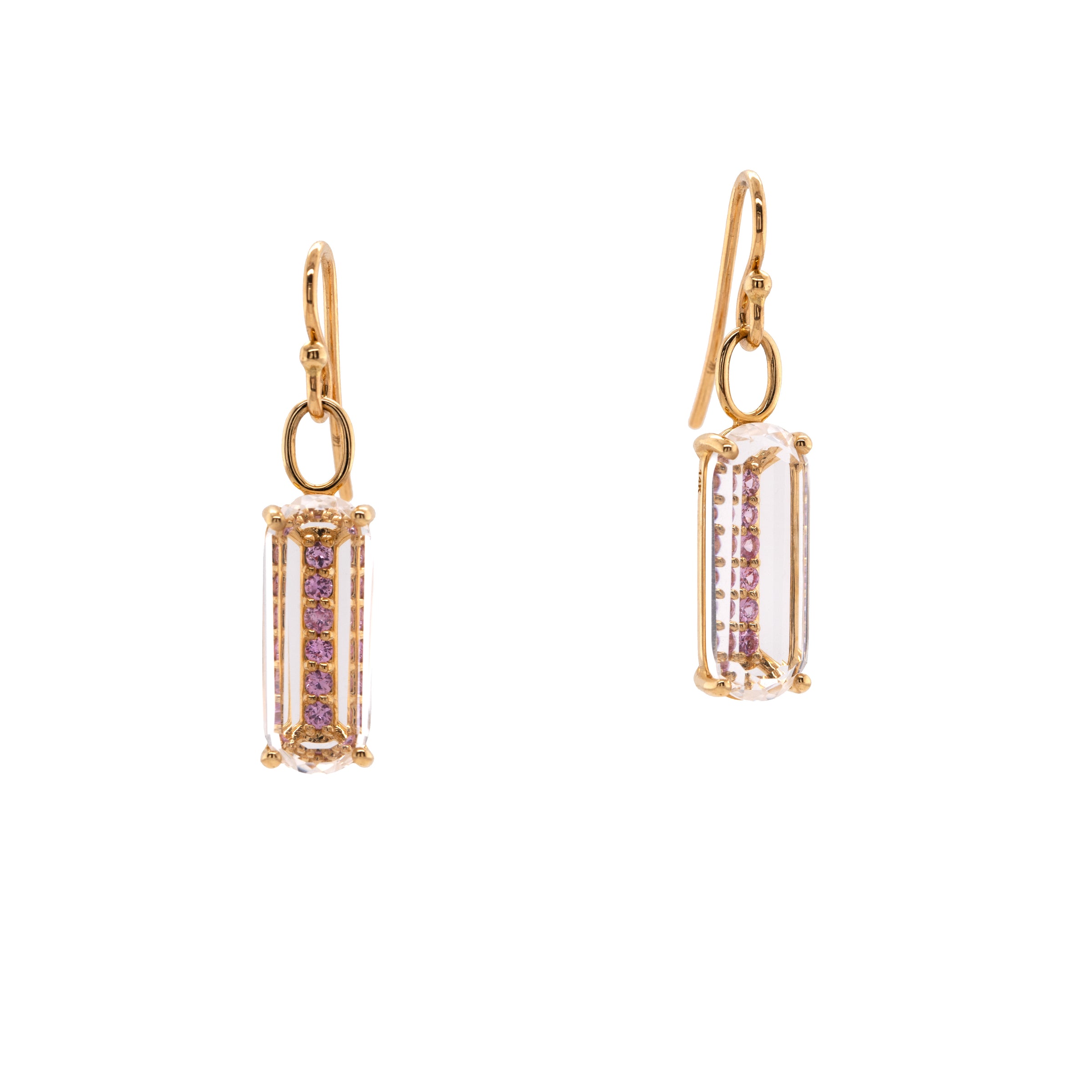 Deco Pink Sapphire Earrings, 14K Gold earrings with clear gemstones and pink gemstones on a white background