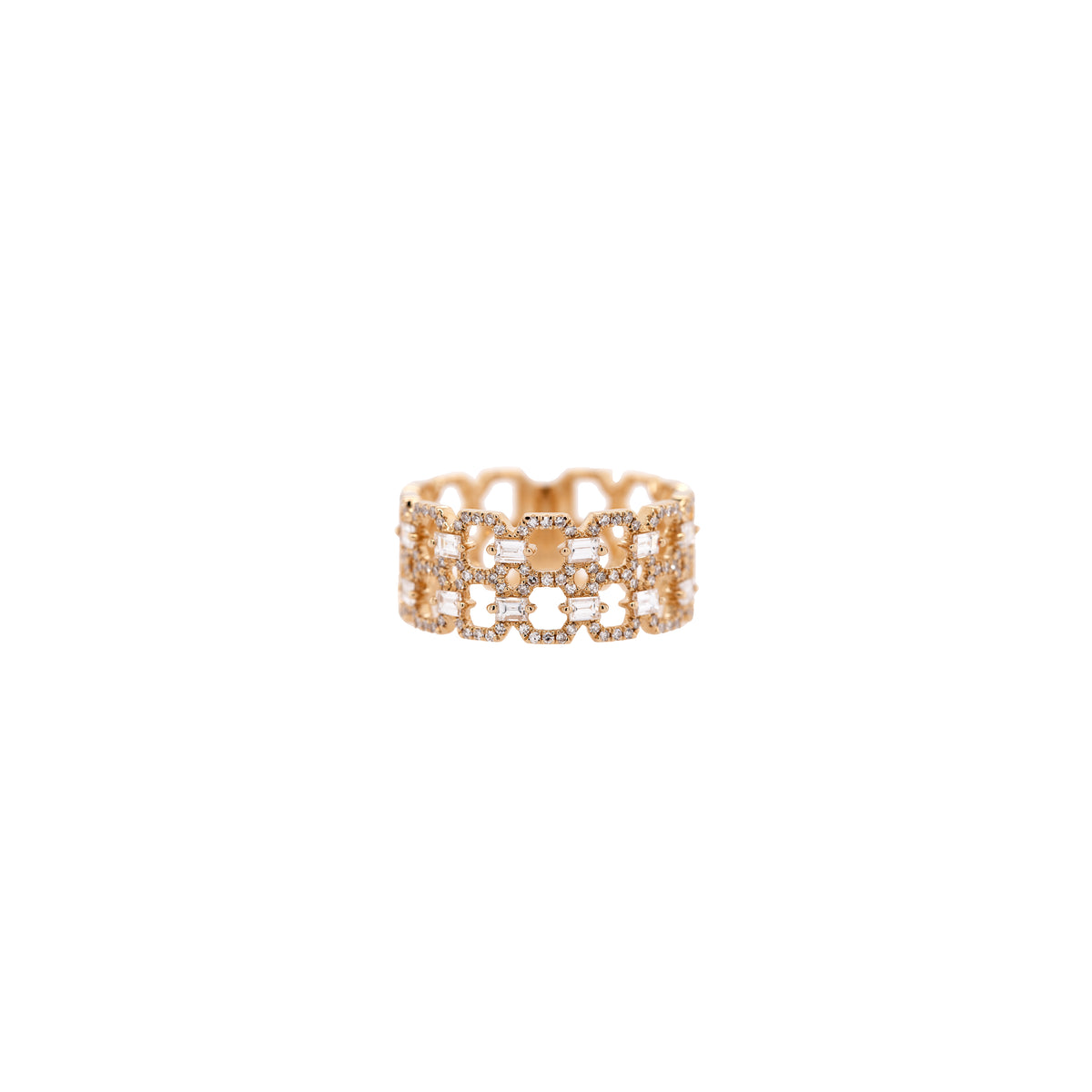 Deco Status Ring: A 14K gold ring with a geometric pattern of diamonds set in yellow gold.