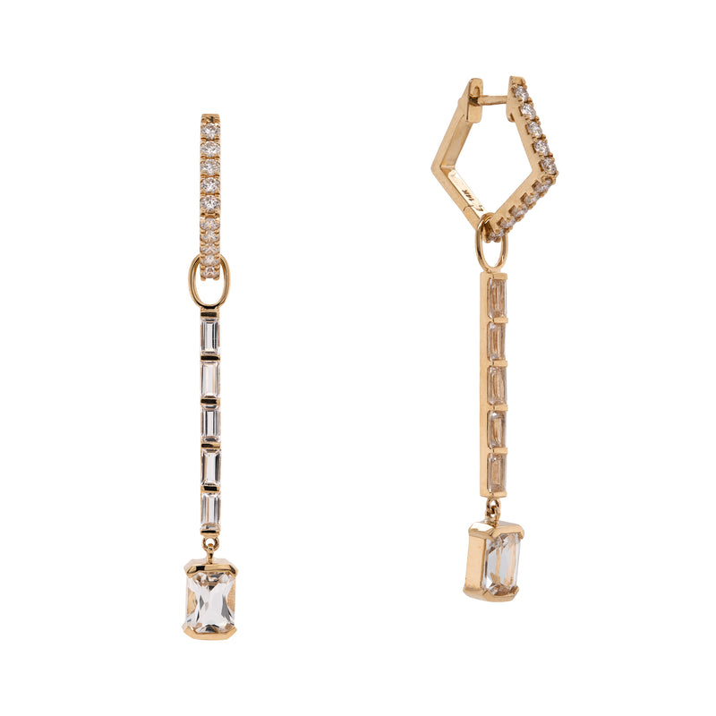 Diamond Angular Huggies & White Topaz Baguette Earring Charm with Drop: A pair of 14K gold diamond and white topaz baguette earrings with hinged hoops and drop designs.