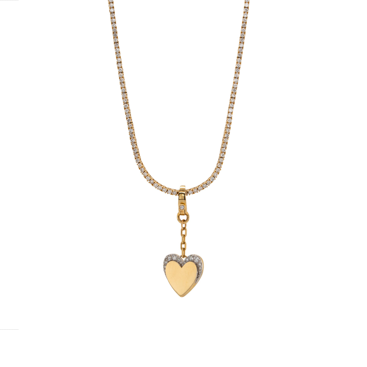 Diamond Eclipse Heart Pendant on the Diamond Tennis, Necklace with a gold heart pendant on a white background