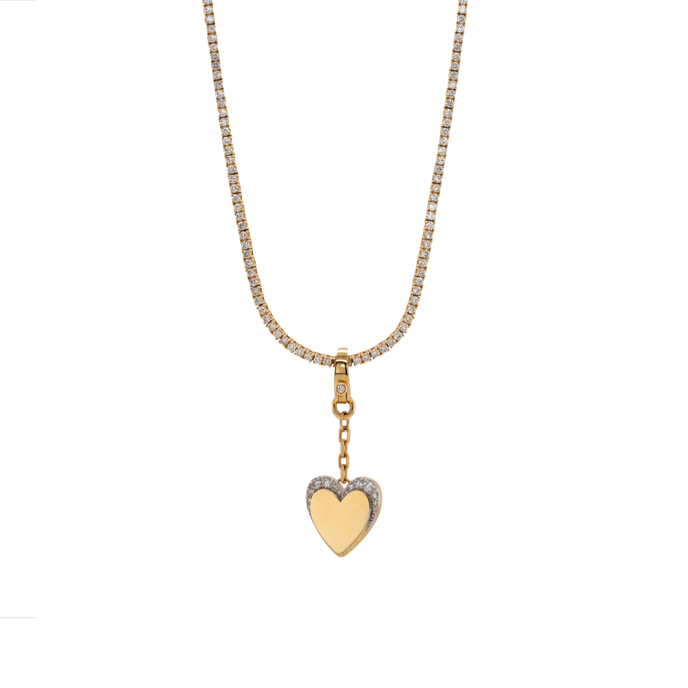 Diamond Eclipse Heart Pendant on the Diamond Tennis, Necklace with a gold heart pendant on a white background