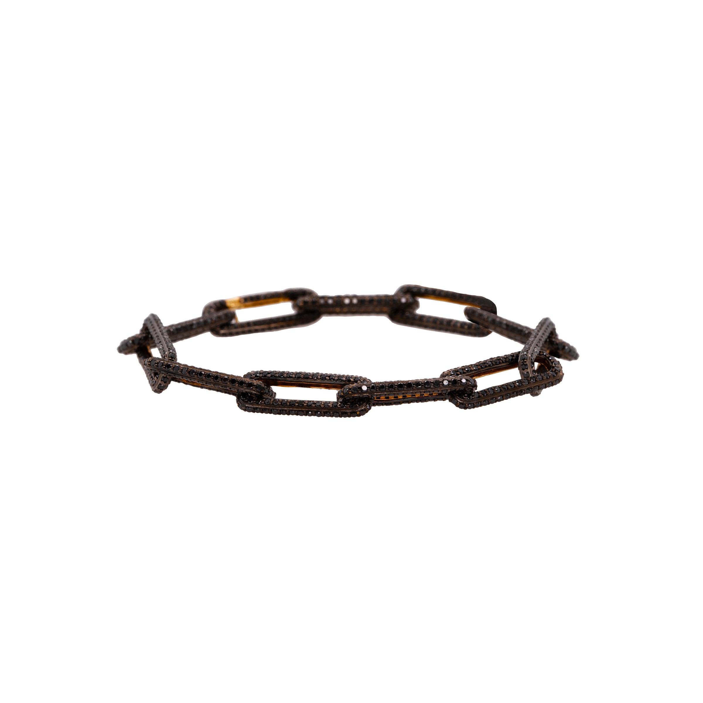  Diamond Infinity Bracelet: A black diamond chain bracelet with 14K gold links and a link clasp fastening.