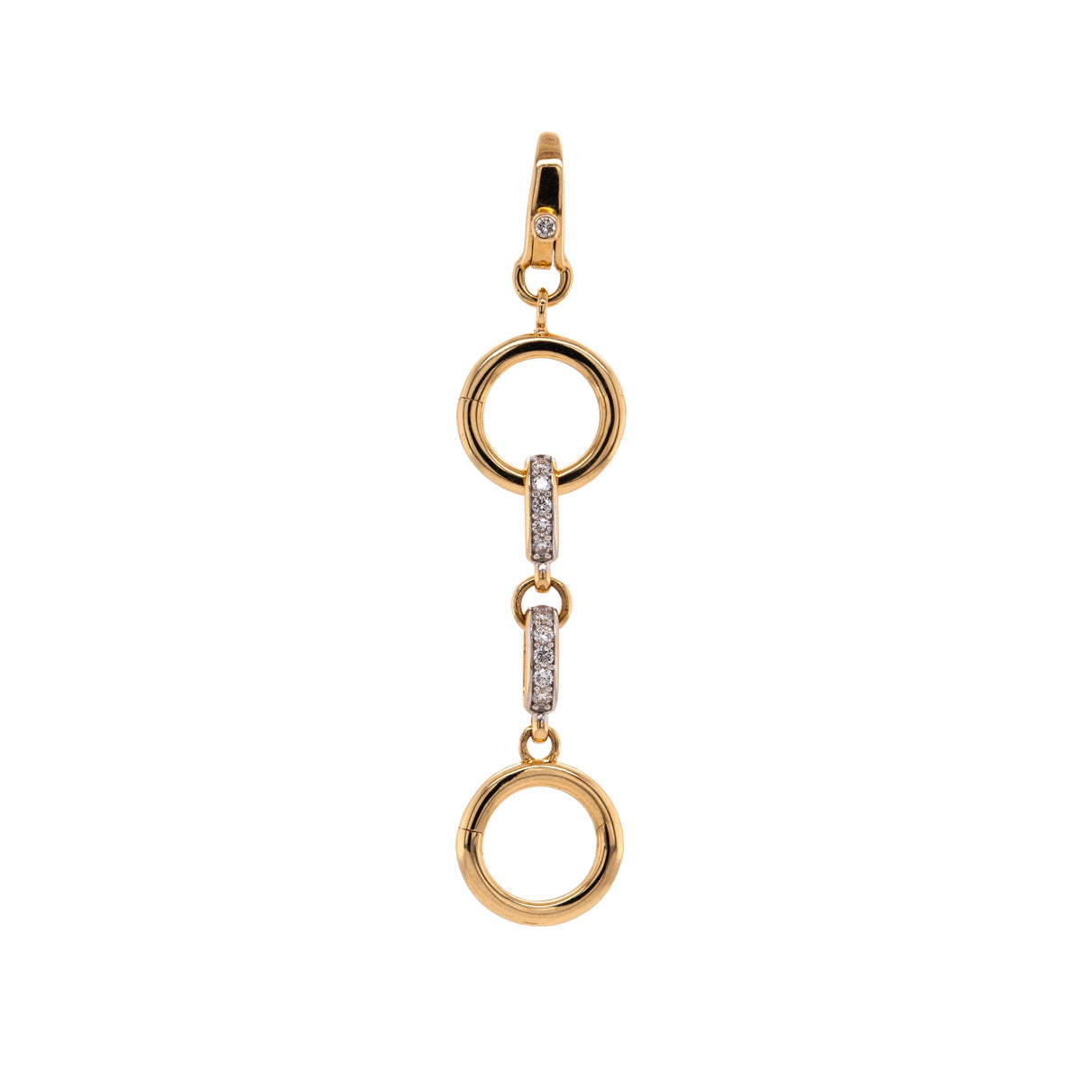 Diamond Multi-Link Charm Clasp, 14K Gold charm clasp with circular design and embedded diamonds on a white background