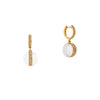 Diamond Orbit Earrings: a pair of 14K gold diamond-embedded huggie earrings with a clear gemstone sphere as the drop 