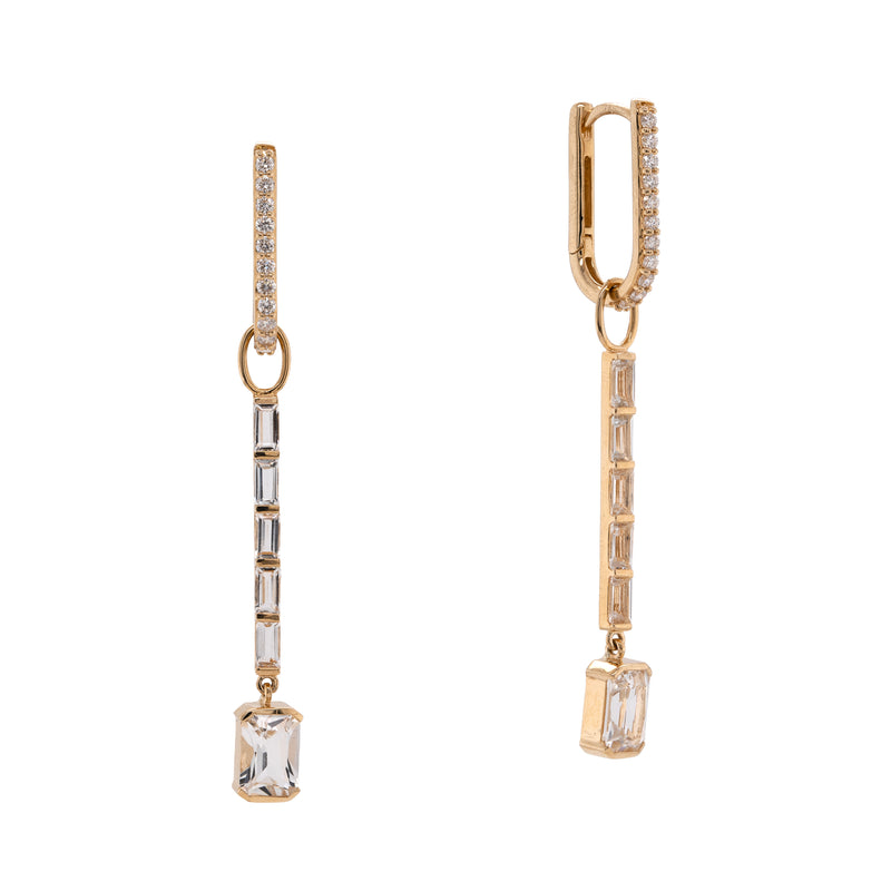 Diamond Oval Huggies & White Topaz Baguette Earring Charm with Drop: A pair of 14K gold diamond oval huggies and white topaz baguette earrings charms.
