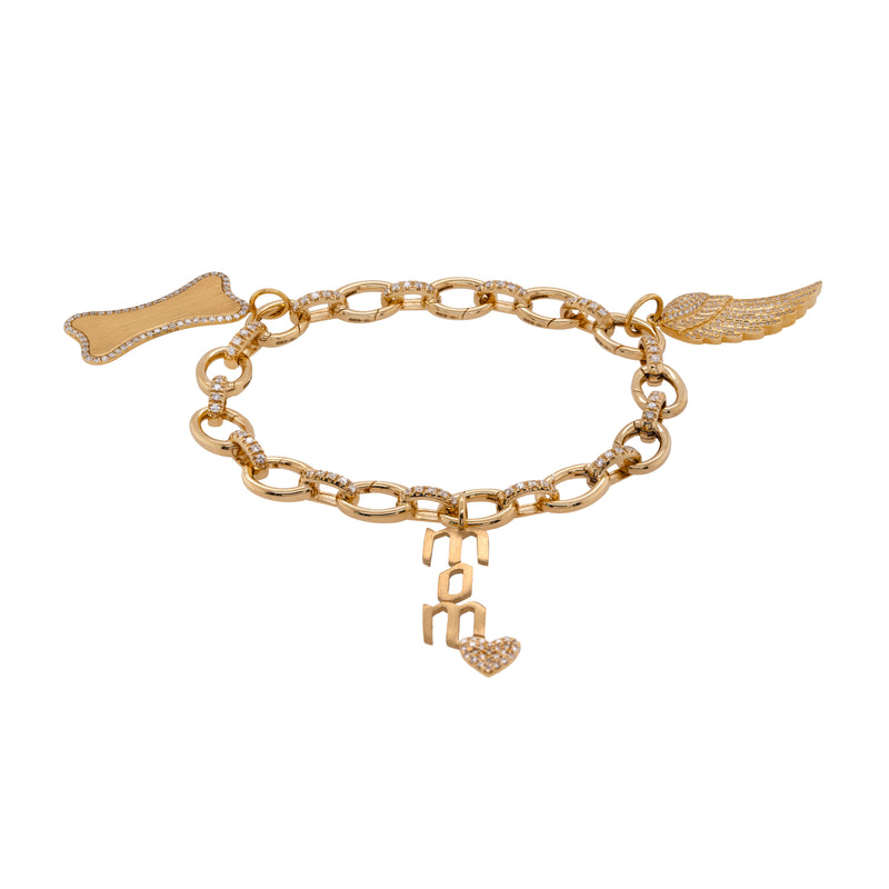 Diamond Oval Link Charm Bracelet with charms, a 14K gold diamond bracelet with oval links and charms