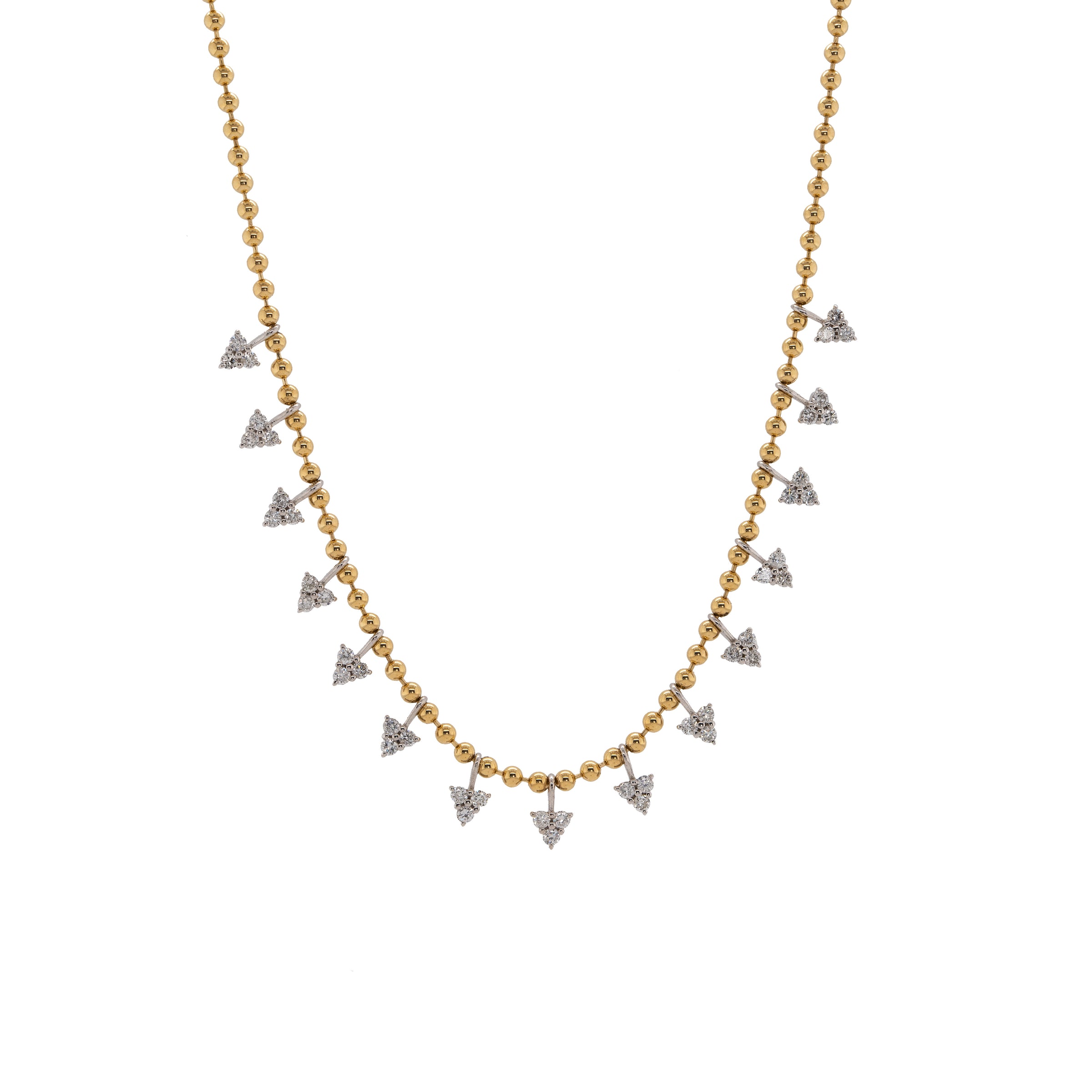 Diamond Petal Necklace: A 14K gold necklace with a series of round diamond petals attached to a lobster clasp.