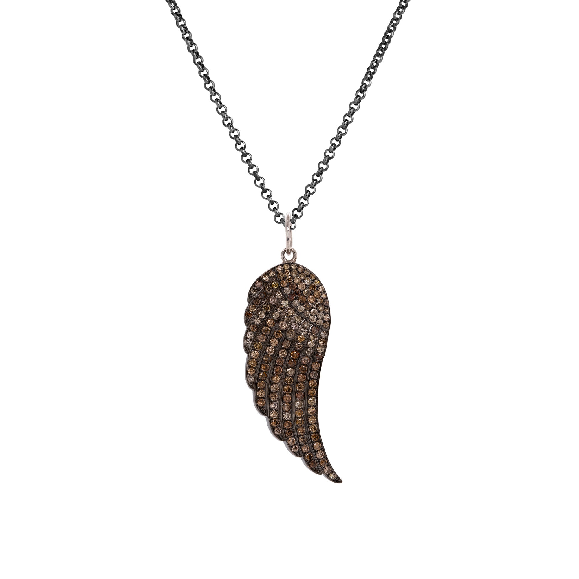 Diamond Wing Necklace: A silver diamond wing pendant with a chain attached, featuring a textured design and adorned with champagne diamonds.