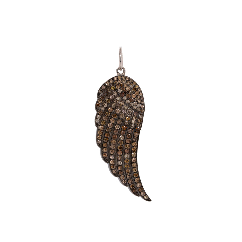 Diamond Wing Pendant: A silver diamond wing pendant with a chain attached, featuring a textured design and adorned with champagne diamonds.