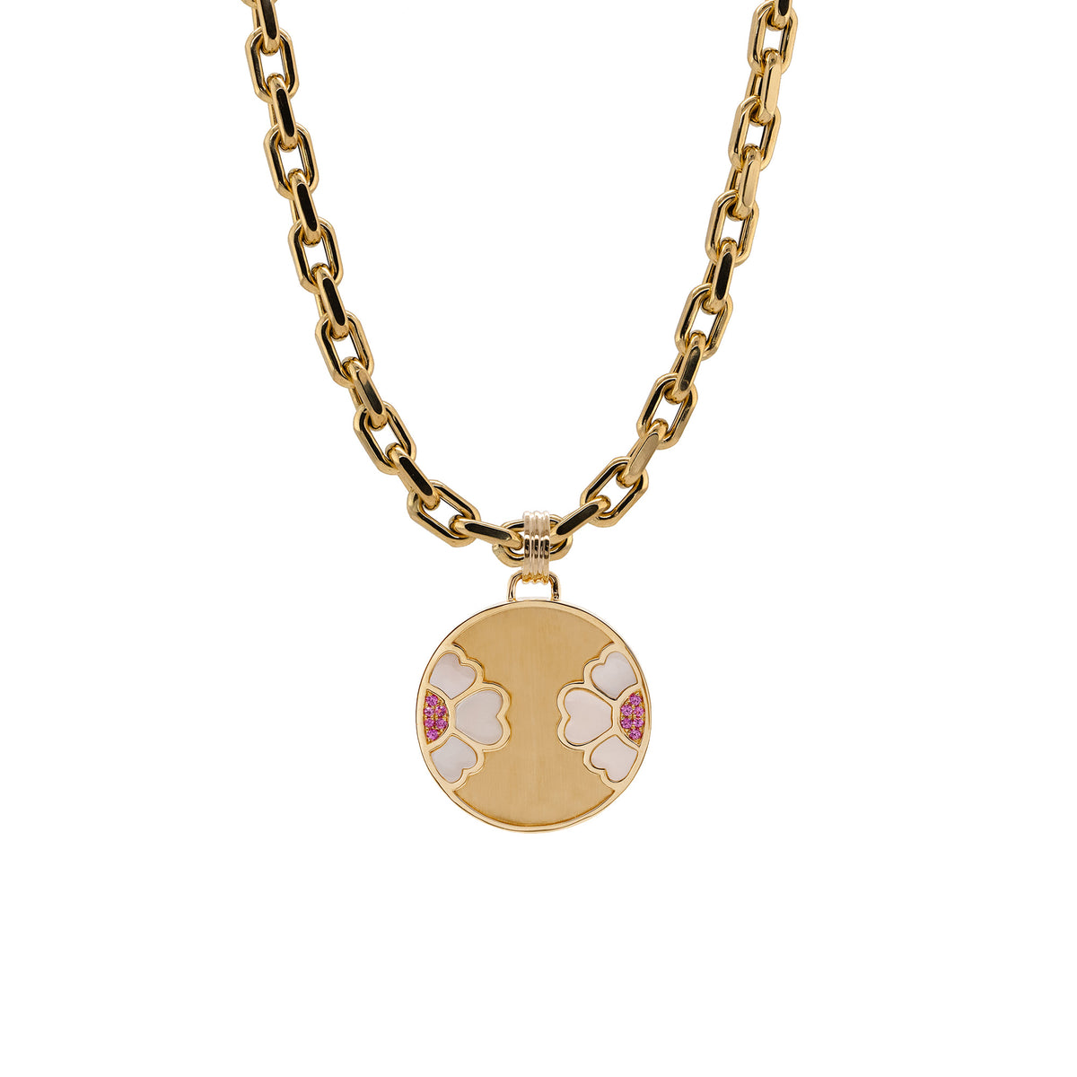 Diptyph Floral Medallion Chubby Diamond Cut Necklace: Chubby Diamond Cut necklace with a medallion with a flower design on a white background