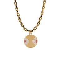 Diptyph Floral Medallion Chubby Diamond Cut Necklace: Chubby Diamond Cut necklace with a medallion with a flower design on a white background