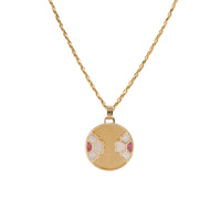 Diptyph Floral Medallion Necklace: 14K gold necklace with a medallion with a flower design on a white background