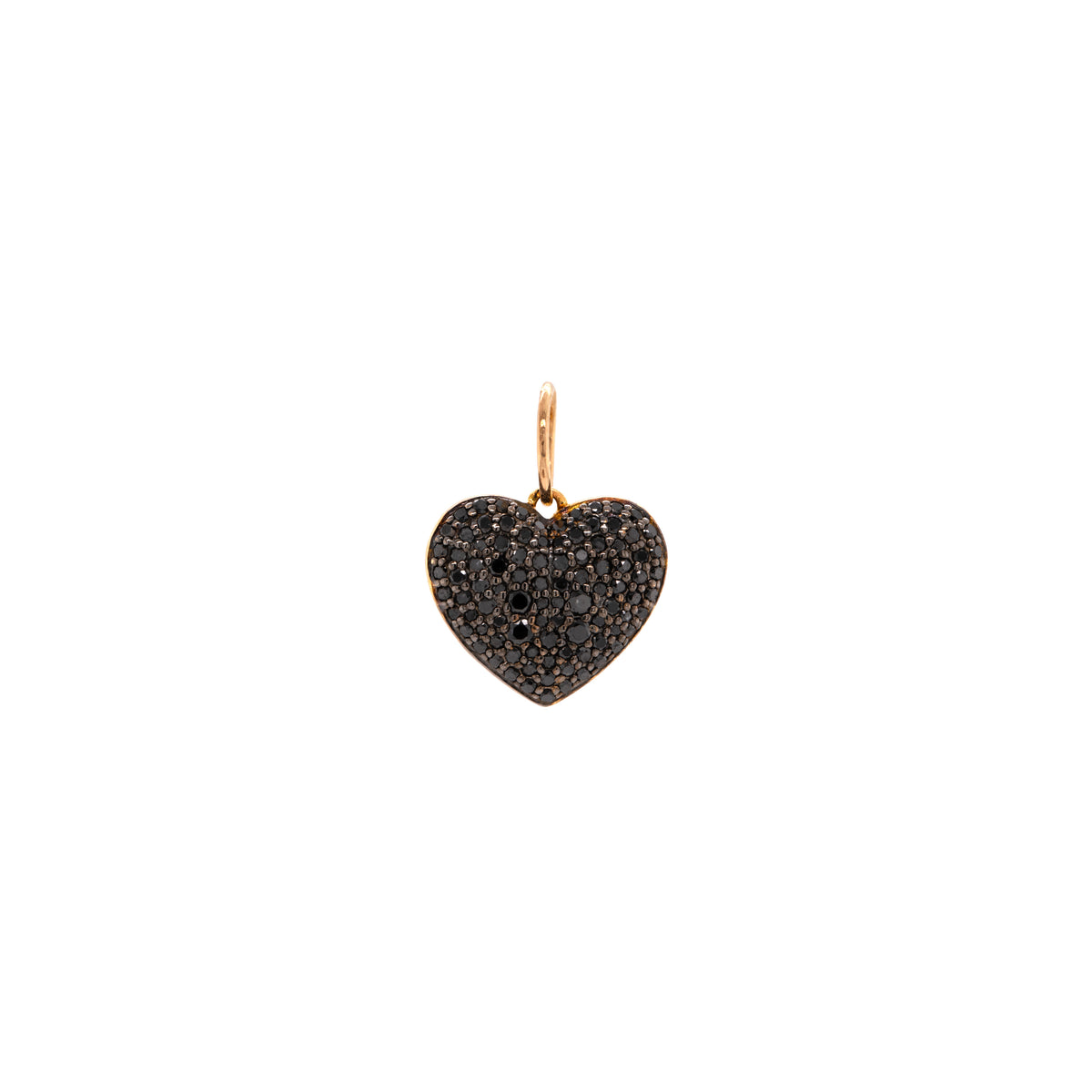 Black diamond side of the Double-sided Puffy Heart Pendant, 14K Gold heart-shaped pendant with black stones on a white background