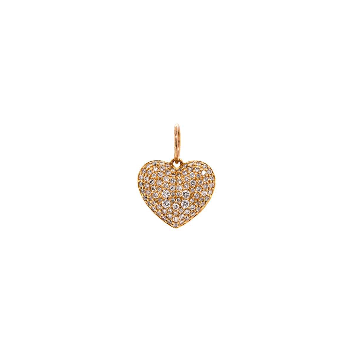 White diamond side of the Double-sided Puffy Heart Pendant, 14K Gold heart-shaped pendant with white stones on a white background