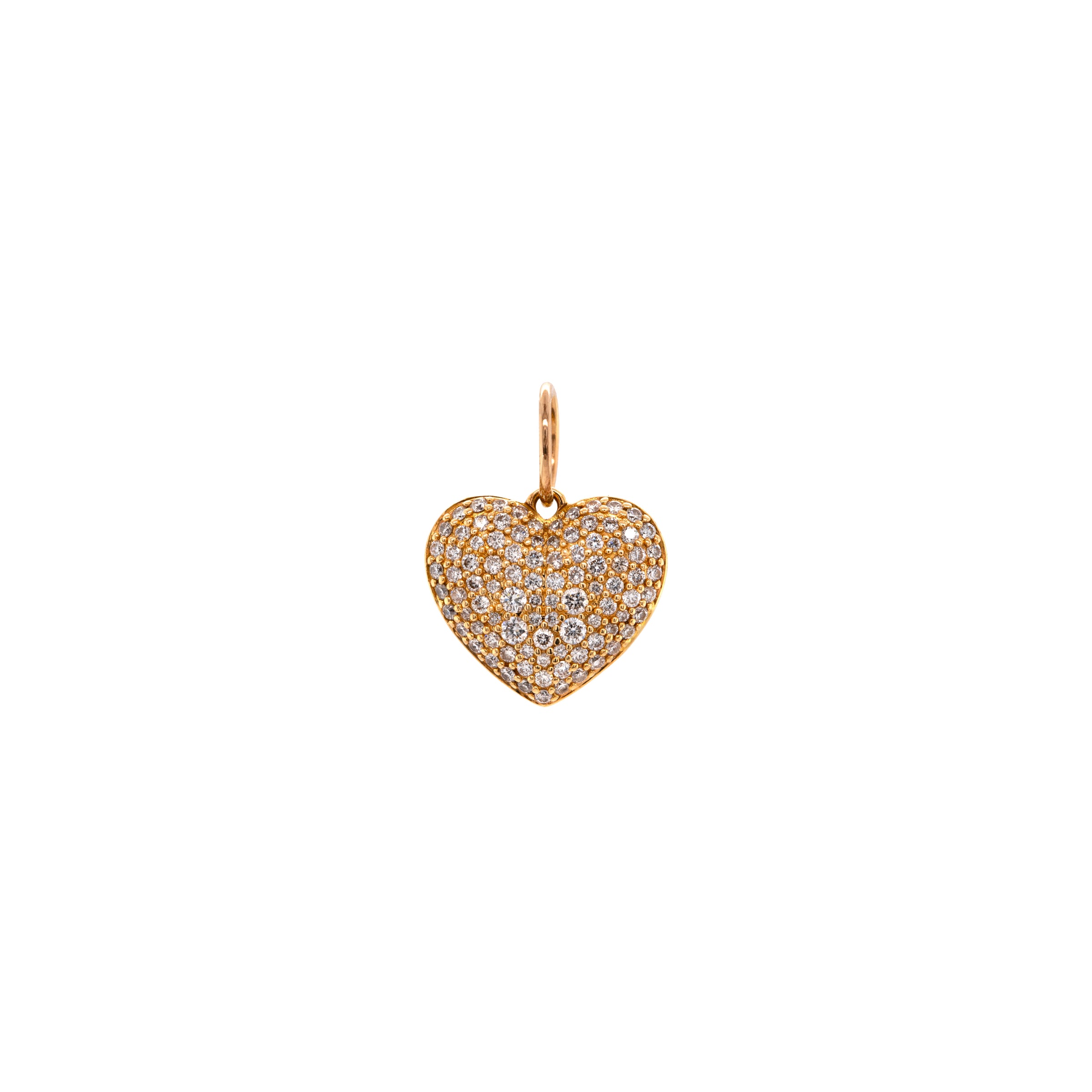 White diamond side of the Double-sided Puffy Heart Pendant, 14K Gold heart-shaped pendant with white stones on a white background