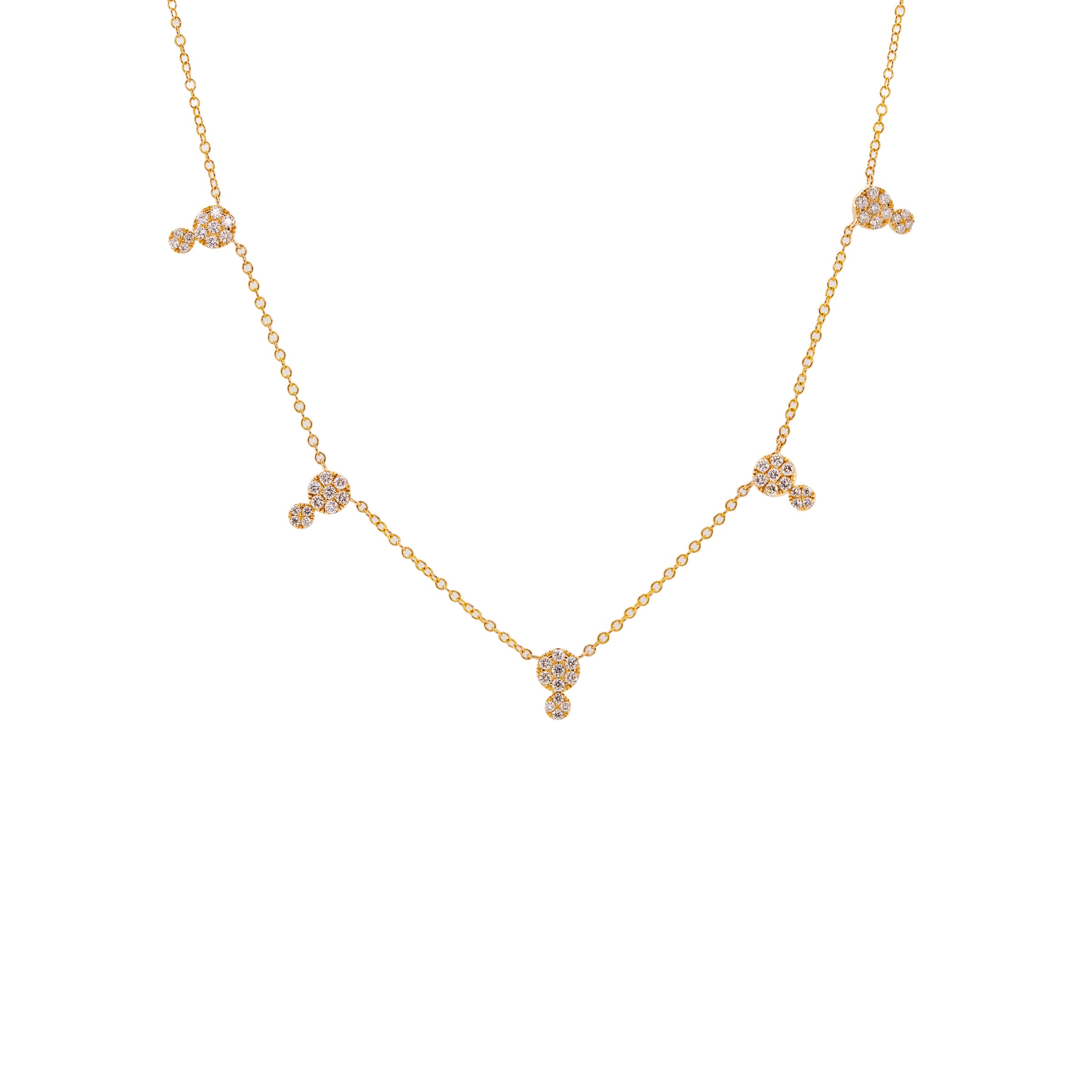 Double Dot Necklace: A 14K yellow gold chain necklace with a lobster clasp fastening, featuring a series of double round diamond charms.