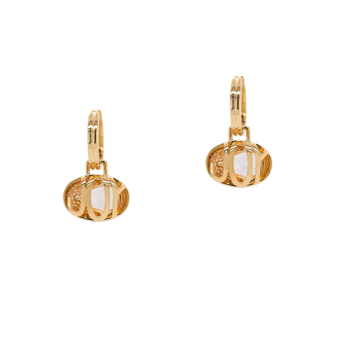 Back view of Double Joy Earrings, in which the word "joy" is engraved on a white background