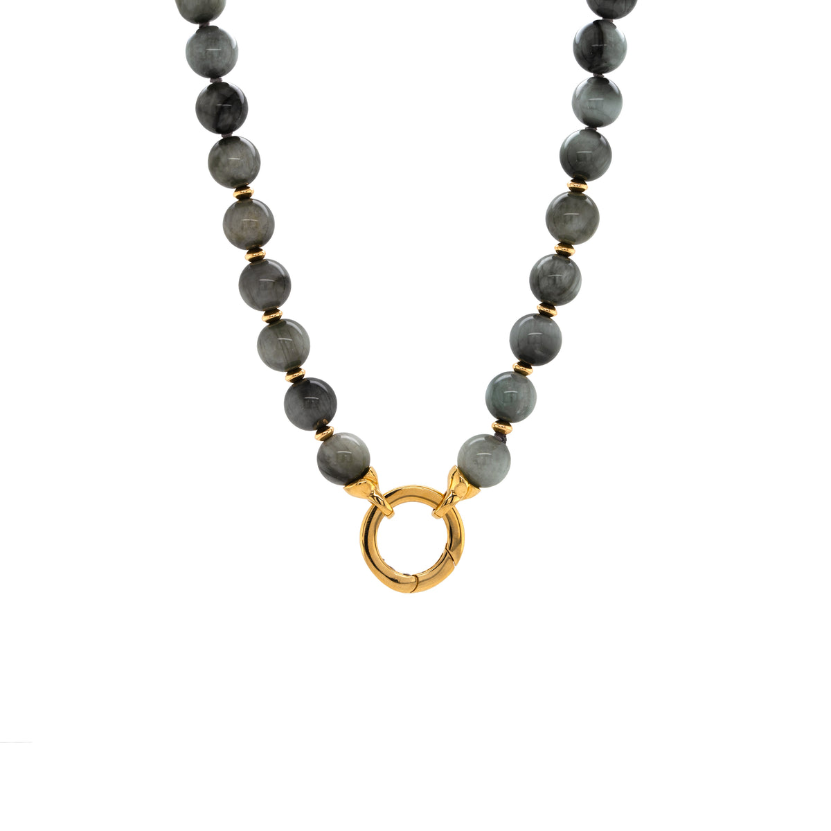 Eagle Eye Necklace, necklace with gray beads and a gold clasp on a white background